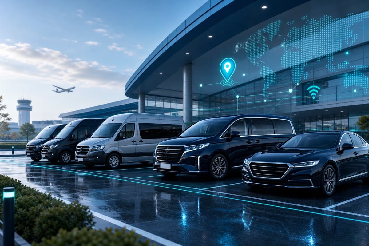 Organized fleet of cars and passenger vans at a transport hub