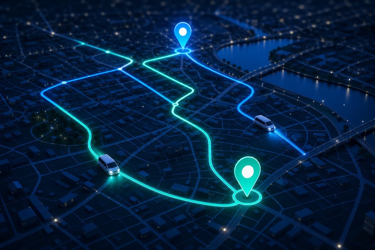 Live city map with tracked vehicles, routes, and destination pins
