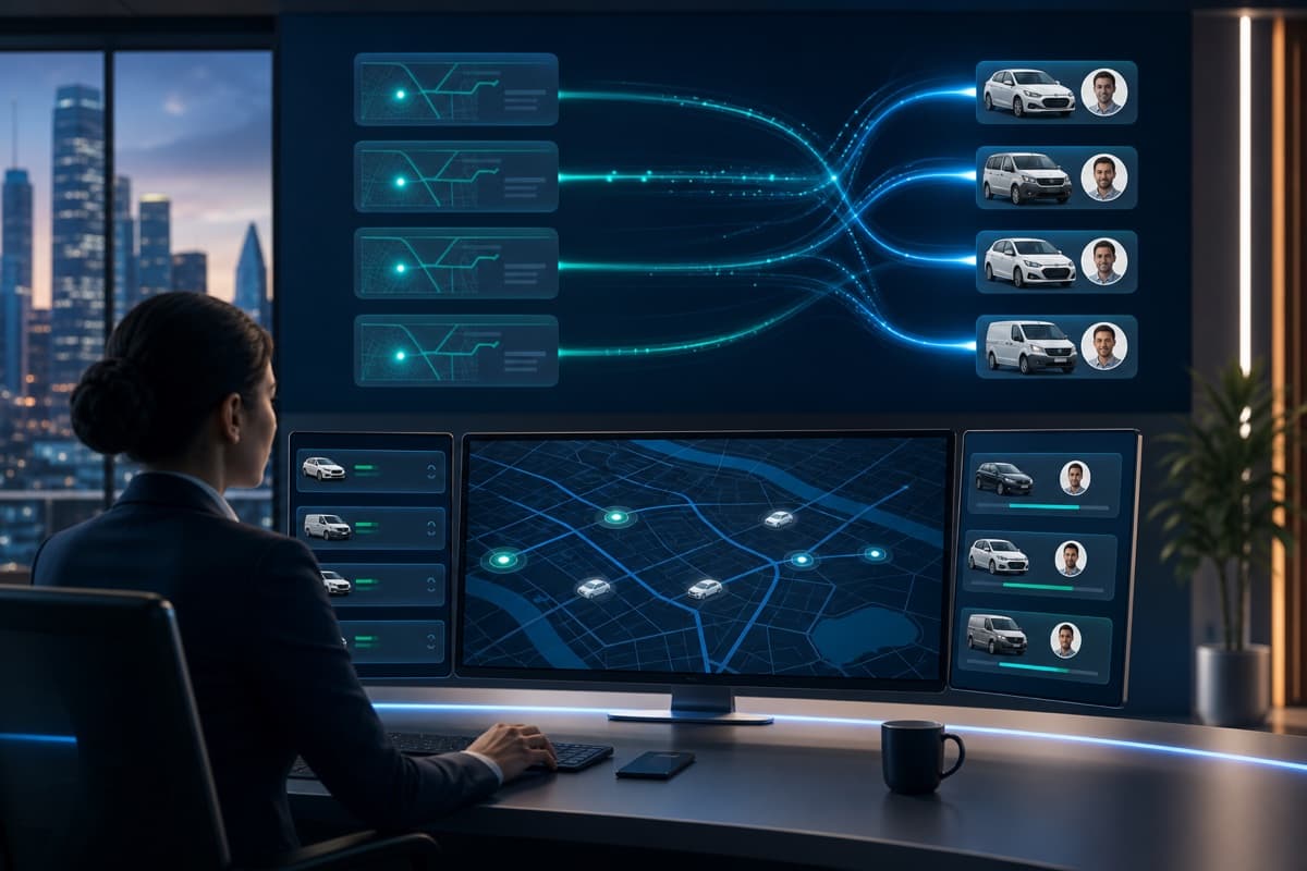 Dispatcher assigning incoming rides to available drivers and vehicles